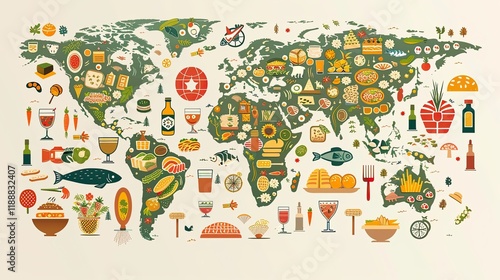 Fototapeta Naklejka Na Ścianę i Meble -  Global Cuisine: A world map with food icons like sushi, tacos, and pasta