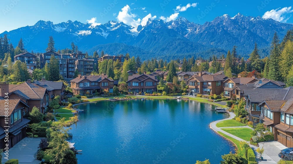 Fototapeta premium Mountain lakefront homes; tranquil neighborhood; scenic backdrop; luxury real estate