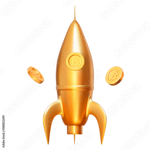 3D golden rocket with flying Bitcoins.  Stock vector illustration on white isolated background.