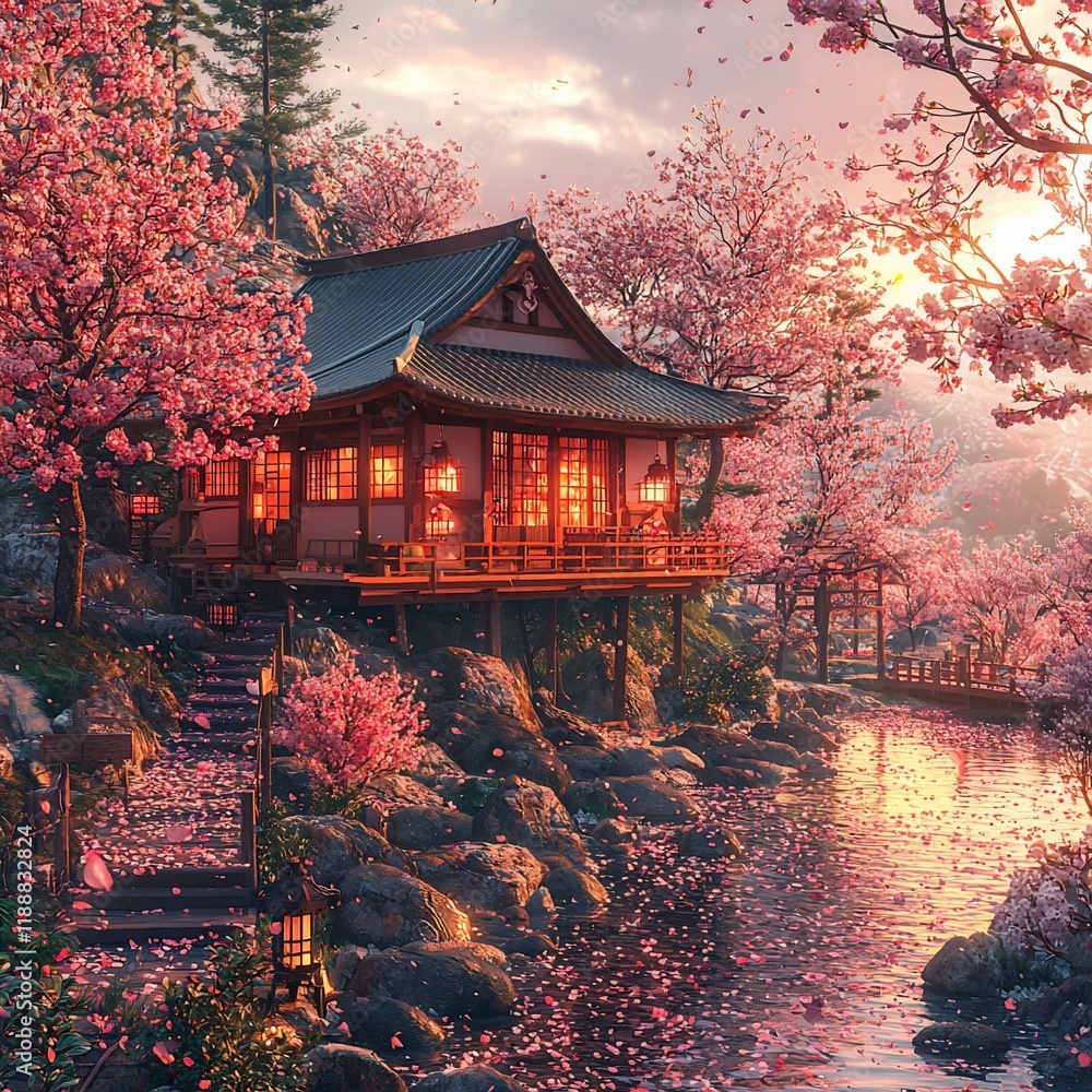 Tranquil Japanese house nestled in a breathtaking cherry blossom garden at sunset. Tranquil Japanese house nestled in a breathtaking cherry blossom garden at sunset.