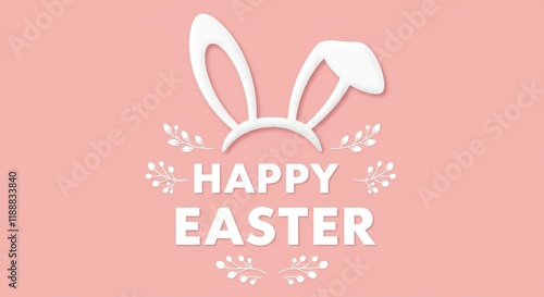 Happy Easter greeting with bunny ears and pastel pink floral background