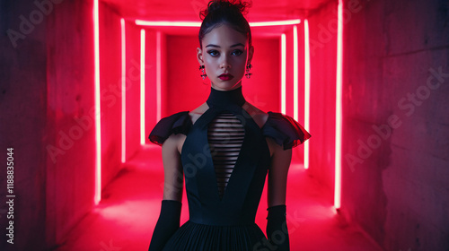 Fashion Model in Neon-Lit Corridor