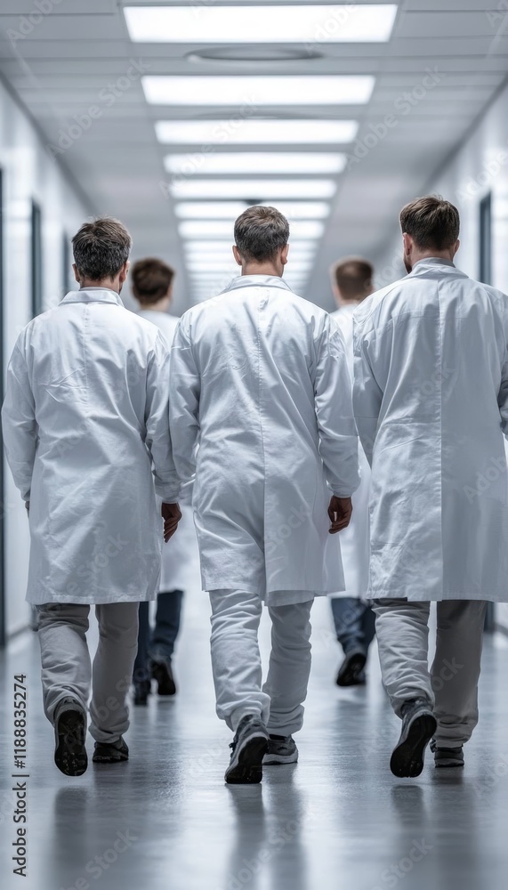 Medical Team, Doctors and Surgeons, Walking Down Hospital Corridor in a Medical Facility Medical Team, Doctors and Surgeons, Walking Down Hospital Corridor in a Medical Facility