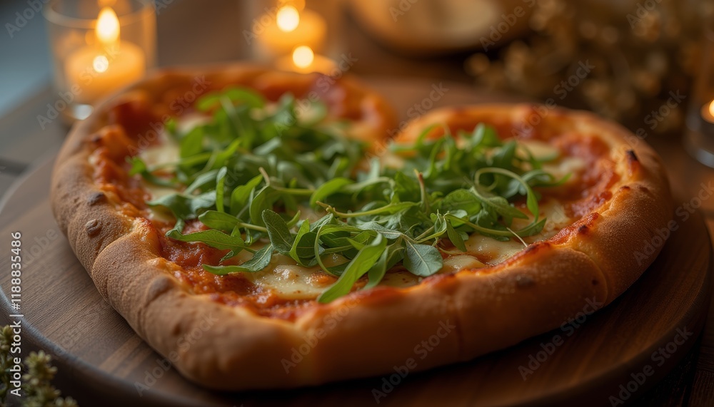Heart-shaped pizza with arugula and cherry tomatoes. Heart-shaped pizza with arugula and cherry tomatoes.