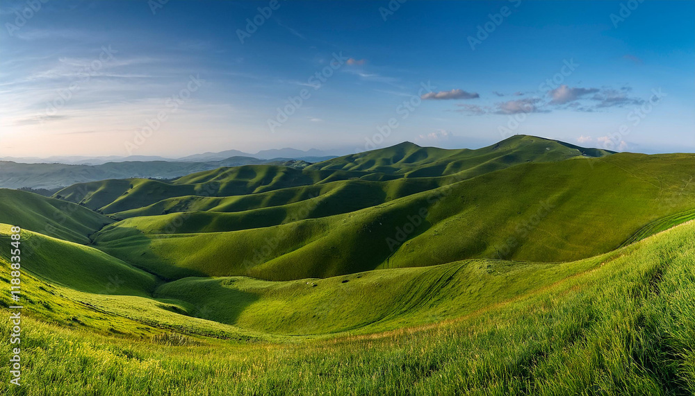 Obraz premium green rolling hills with lush grass and mild slopes panorama isolated in a background