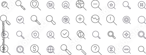 Magnifying Glass Thin Line Icon Set. Outline Signs for Graphic and Web Design, Apps, Adverts, Various Cards