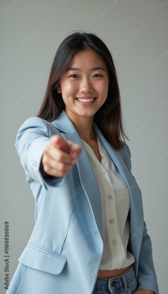 A cheerful young Asian woman in a light blue blazer smiles brightly while pointing directly at the camera, exuding confidence and approachability. Her engaging expression and stylish attire create a A cheerful young Asian woman in a light blue blazer smiles brightly while pointing directly at the camera, exuding confidence and approachability. Her engaging expression and stylish attire create a