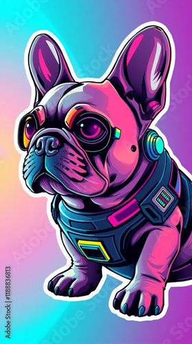 Cyberpunk French Bulldog in neon colors. Futuristic dog illustration with vibrant color scheme and stylish accessories. photo