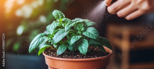 Plant Care, Dusting Leaves A close-up view of a hand misting a potted plant s vibrant green leaves. photo