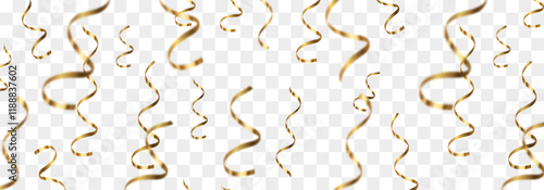 Vector realistic gold serpentine, falling spiral serpentine isolated on png background. Vector flying luxury serpentine pieces. Falling curly ribbons, festive decor elements for party, birthday