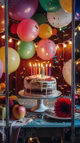 Birthday celebration, festive table, colorful balloons, chocolate cake with lit candles, confetti, window with lights, cozy ambiance, party decorations, vibrant colors, nostalgic mood, evening scene, 
