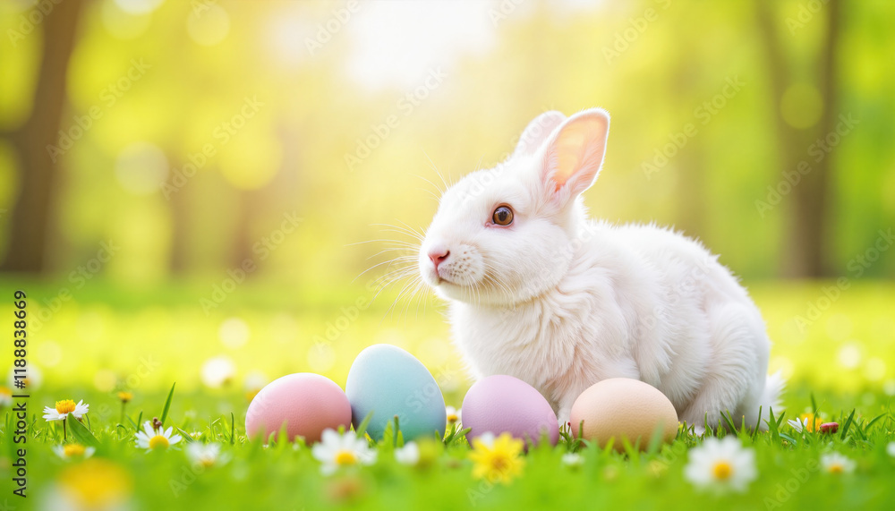 Fototapeta premium White rabbit with pastel Easter eggs on green grass in sunlight.