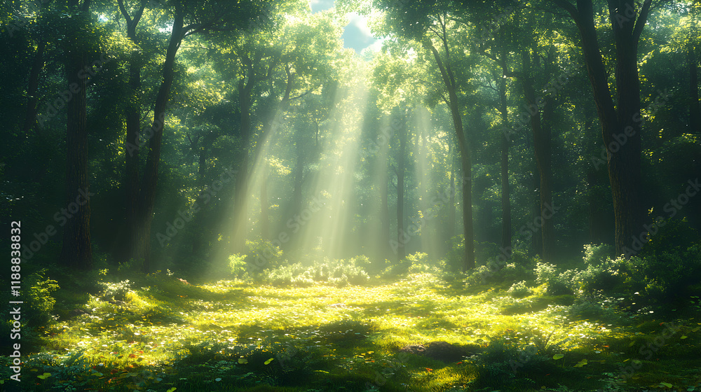A serene forest scene with sunlight streaming through trees, illuminating a lush, green meadow. A serene forest scene with sunlight streaming through trees, illuminating a lush, green meadow.