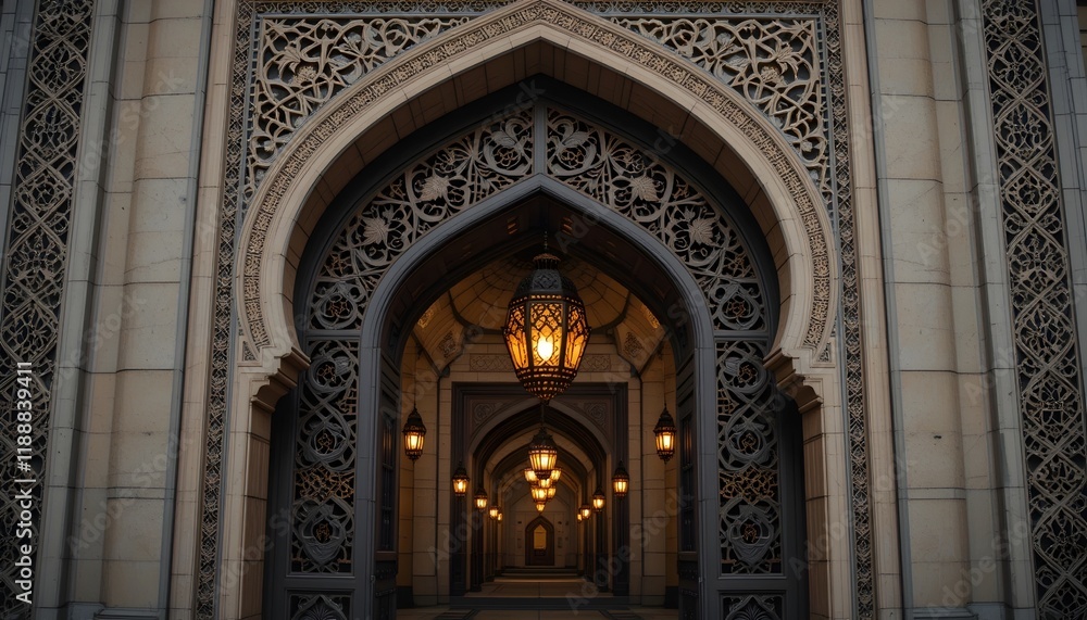 Lanterns glowing inside an arched Islamic doorway with intricate patterns. Ideal for Ramadan branding, greeting cards, or serene spiritual designs. Lanterns glowing inside an arched Islamic doorway with intricate patterns. Ideal for Ramadan branding, greeting cards, or serene spiritual designs.