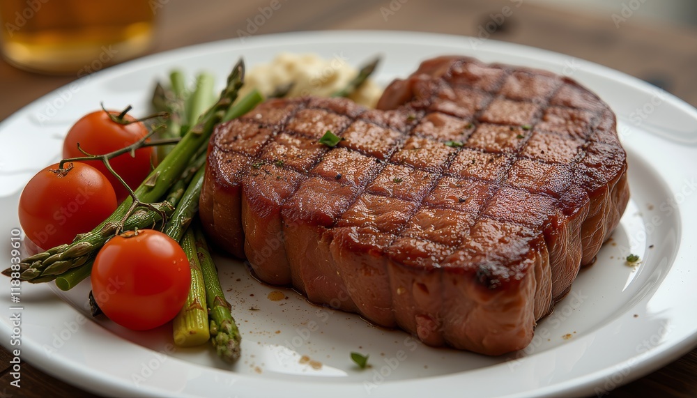 Grilled heart-shaped steak with asparagus and tomatoes. Grilled heart-shaped steak with asparagus and tomatoes.