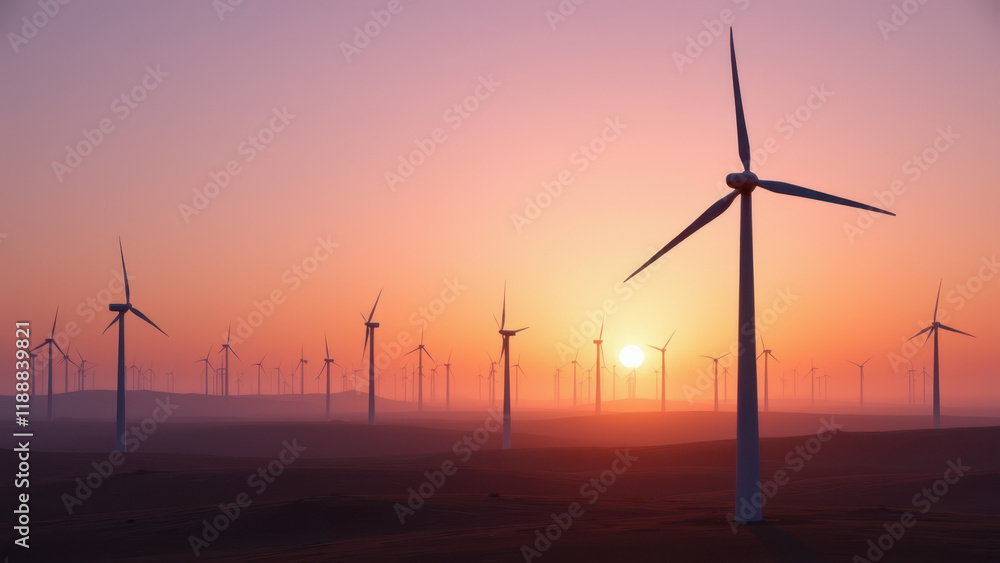 Obraz premium Large-scale wind farm at sunset, symbolizing renewable energy and sustainability.
