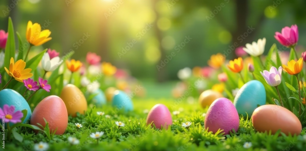 Easter egg hunt in a garden with bright colored eggs and floral background, Easter, Easter basket Easter egg hunt in a garden with bright colored eggs and floral background, Easter, Easter basket