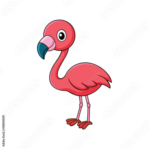 A cute and cheerful Cartoon Flamingo on a white background