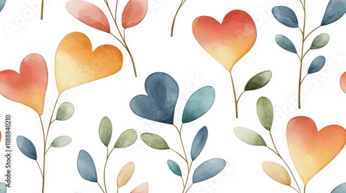 Vibrant Heart and Leaf Pattern in Watercolor Style on White Background for Textile and Paper Design