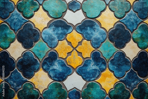 A detailed Moroccan tile pattern with vivid blues, yellows, and greens creating a striking symmetrical design,copy space background photo