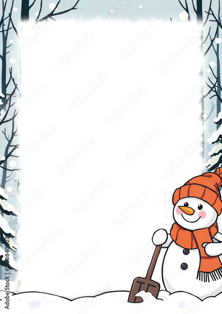 Snowman with shovel on background of empty text field and winter forest. Diploma, certificate, thank you
Snowman with shovel on background of empty text field and winter forest. Diploma, certificate, thank you