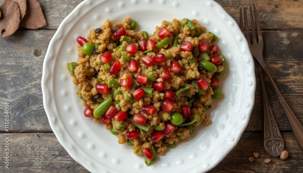 Heart-shaped bowl of avocado salad with pomegranate seeds. Heart-shaped bowl of avocado salad with pomegranate seeds.
