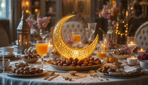 Golden crescent moon centerpiece with Iftar table featuring dates and juice. Perfect for Ramadan decorations, greeting cards, or festive banners. photo