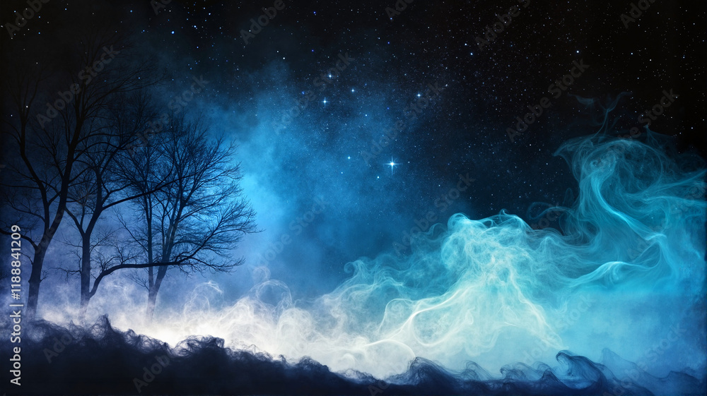 Fototapeta premium Blue glowing misty forest with silhouetted trees