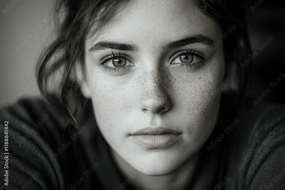 Fototapeta premium Young caucasian female with freckles staring intently in monochrome portrait.