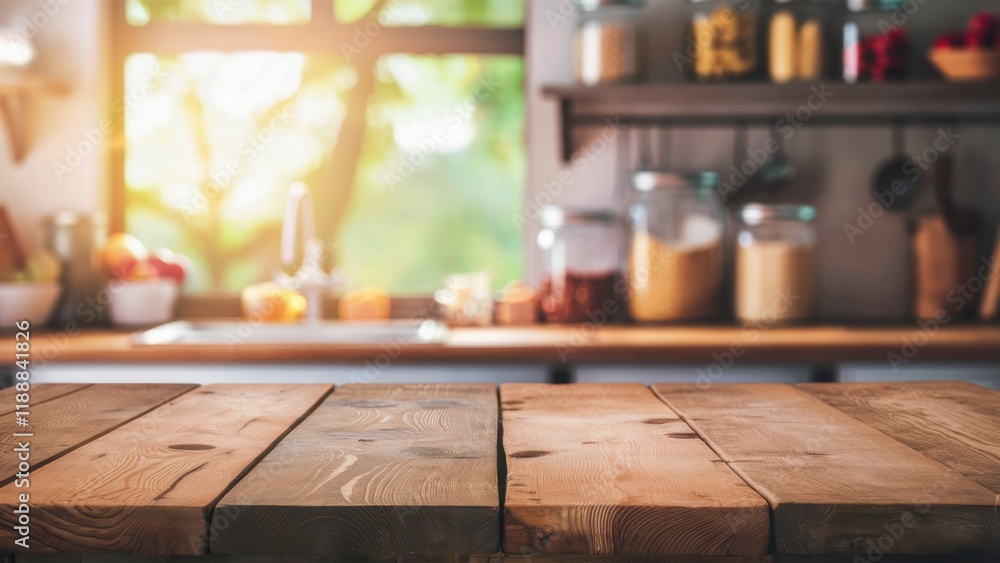 Wooden table surface, blurred kitchen background, rustic ambiance, warm lighting, shelves with jars, window with natural light, cozy home interior, food preparation area, earthy tones, soft focus, dom Wooden table surface, blurred kitchen background, rustic ambiance, warm lighting, shelves with jars, window with natural light, cozy home interior, food preparation area, earthy tones, soft focus, dom