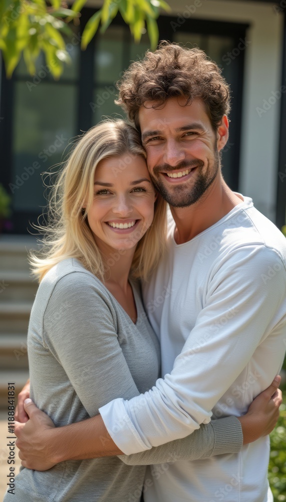 Obraz premium A happy couple, a blonde woman and a dark-haired man, share a warm embrace in a vibrant garden setting. Their genuine smiles radiate love and joy, capturing a moment of connection and happiness in a