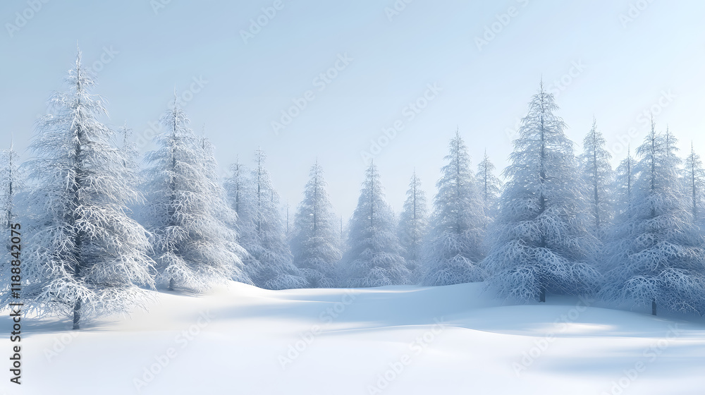 A winter scene captures a white forest blanketed in snow, perfect for Christmas. A winter scene captures a white forest blanketed in snow, perfect for Christmas.