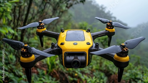 Yellow Drone Flying Through Lush Green Foliage photo