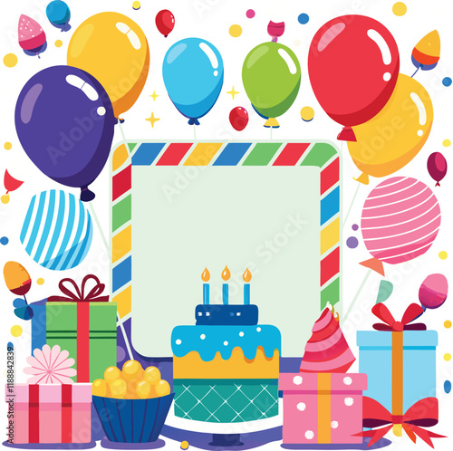 Birthday Balloon Bonanza, Birthday decoration, Colorful candle, Cake, and balloons Party Celebration.