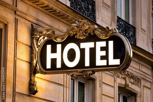 Elegant Parisian Hotel Sign: Golden, ornate details, warm glow. photo