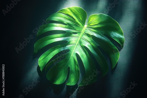 A textured close-up of a tropical monstera leaf, with dramatic shadows accentuating its unique perforations,copy space background photo