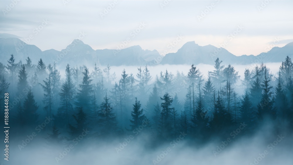 Misty mountain landscape, layered blue ridges, foggy forest silhouettes, ethereal atmosphere, tranquil nature scene, hazy horizon, morning mist, evergreen trees, peaceful wilderness, monochromatic col Misty mountain landscape, layered blue ridges, foggy forest silhouettes, ethereal atmosphere, tranquil nature scene, hazy horizon, morning mist, evergreen trees, peaceful wilderness, monochromatic col