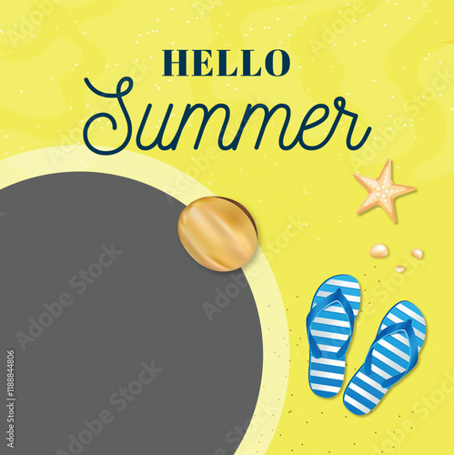 Summer holiday greetings vector with travel bag umbrella swimming circle tropical leaves celebration