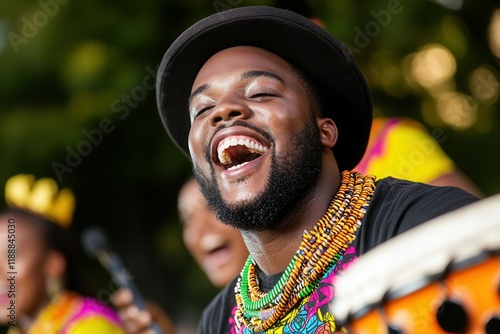 Joyful african musical performance with vibrant traditional attire and instruments. Black History Month photo