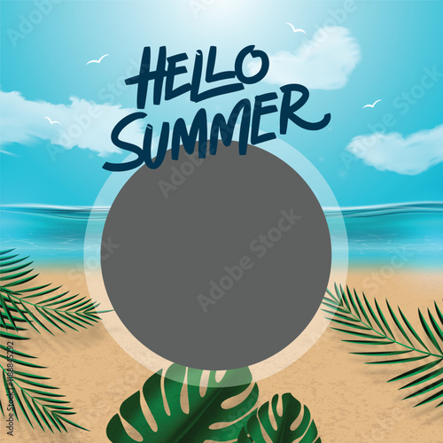 Summer holiday greetings vector with travel bag umbrella swimming circle tropical leaves celebration