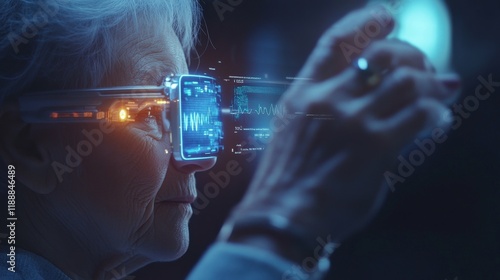 Innovative elderly woman using futuristic augmented reality glasses indoor setting technology showcase close-up perspective