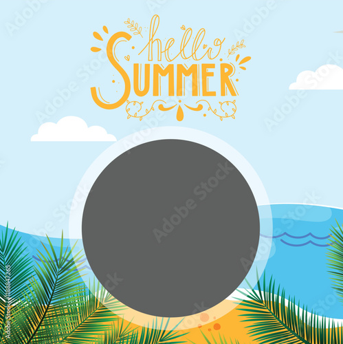 Summer holiday greetings vector with travel bag umbrella swimming circle tropical leaves celebration