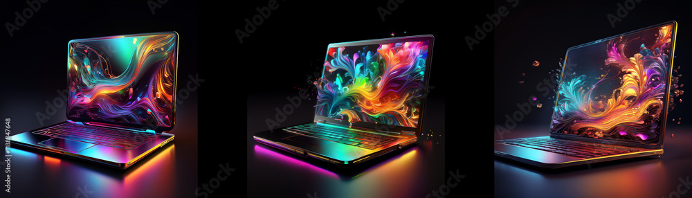 Three laptops showcase vibrant, abstract designs on their screens and backlit keyboards.  The colorful displays evoke a sense of energy and creativity.