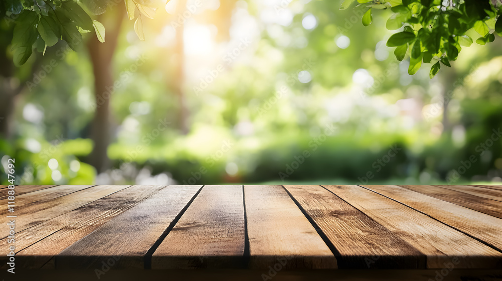 A wooden table with a blurred green nature garden background. A wooden table with a blurred green nature garden background.