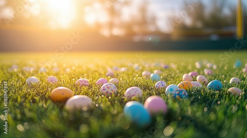 Vibrant easter eggs scattered on baseball field in soft focus at sunrise.