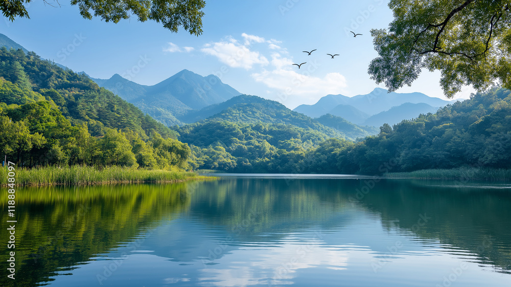 Serene lake surrounded by mountains and lush greenery Serene lake surrounded by mountains and lush greenery