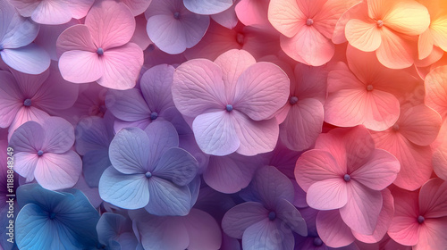 Pastel hydrangeas, sunlit, floral background, design
