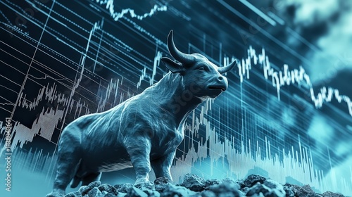 Bull Market Analysis with Blue Bull and Financial Graphs photo