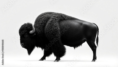 majestic bison, dramatic black and white photography, front view, powerful stance, isolated subject, textured fur, sharp horns, intense gaze, high contrast, minimalist background, wildlife portrait, s photo