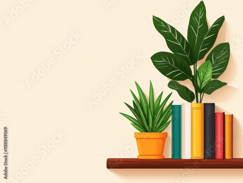 Serene shelf with plants and colorful books, a calming home decor.